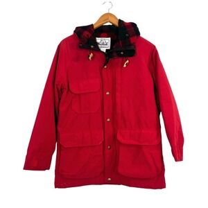 Woolrich Woman Red Parka Jacket S Plaid‎ Wool Lined Hooded Coat USA Made
